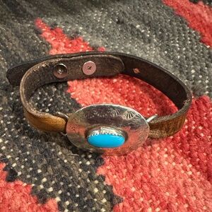 Turquoise and Sterling Silver Bracelet with adjustable Leather Band